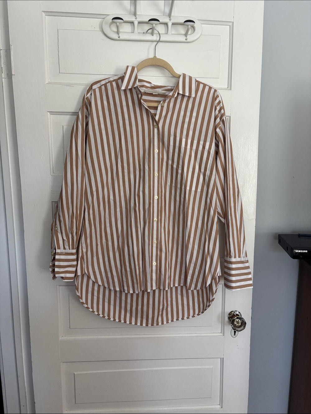 Brown and White Striped Button-Up Tunic Shirt